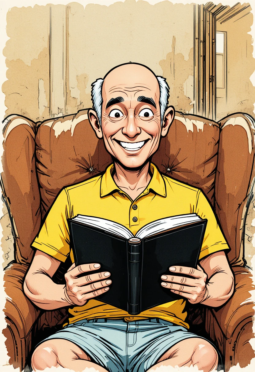 Homem careca alegre lendo um livro em uma poltrona de couro
