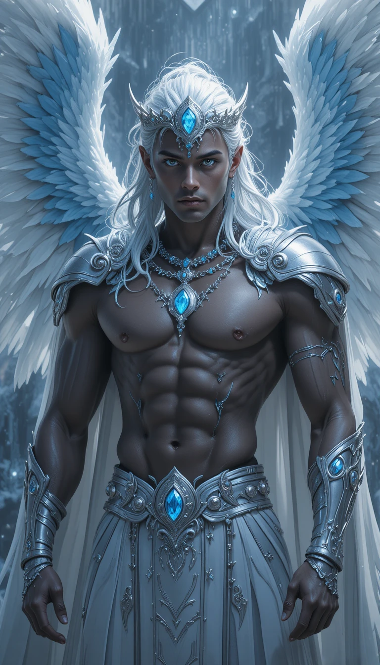 Hombre valquiria de anime de piel oscura con alas blancas