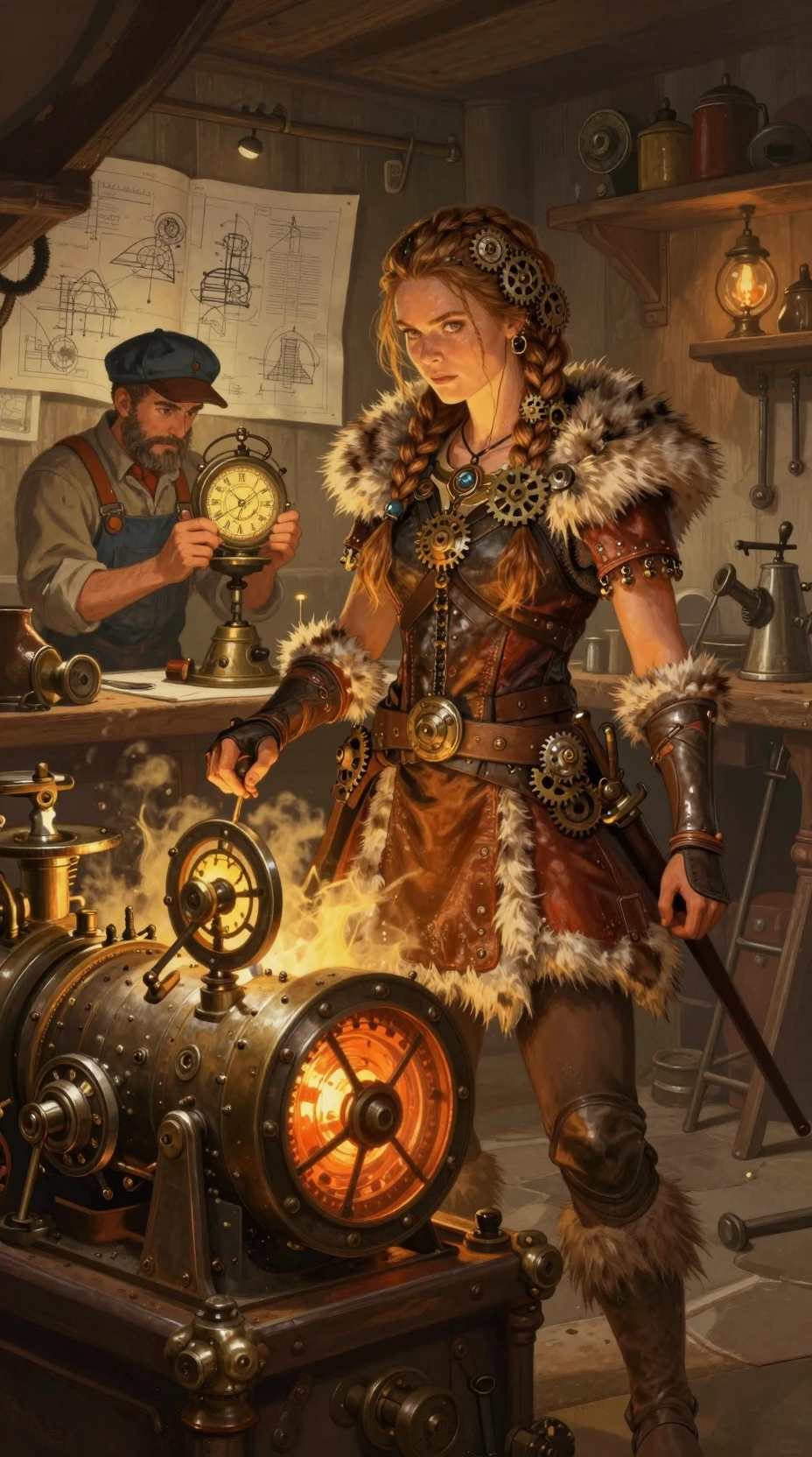 Guerriera nordica accanto a un rombante motore steampunk