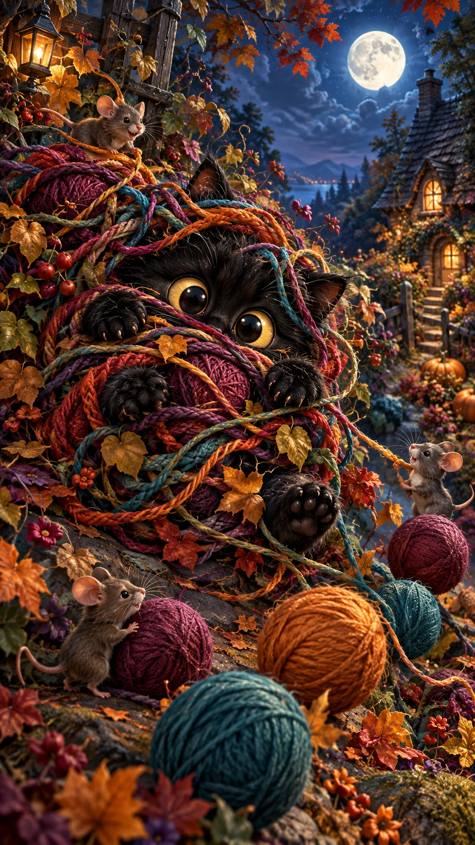 Black kitten tangled in colorful autumn yarn and vines