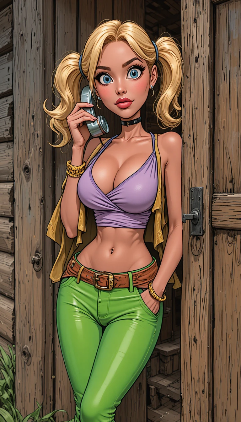 Menina cartunesca brincalhona usando telefone de lata