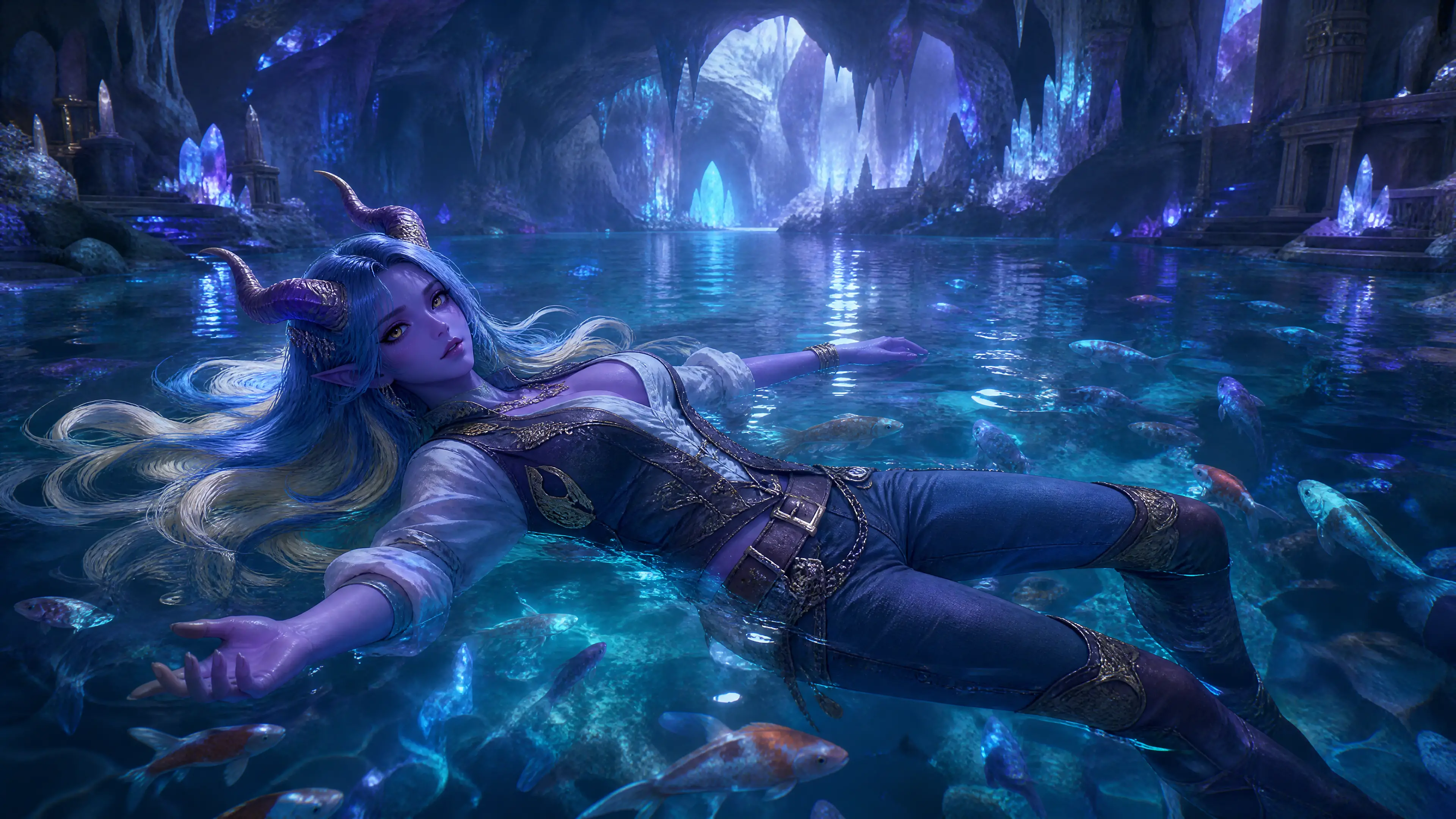 Tiefling violette flottant parmi les poissons dans une grotte de cristal