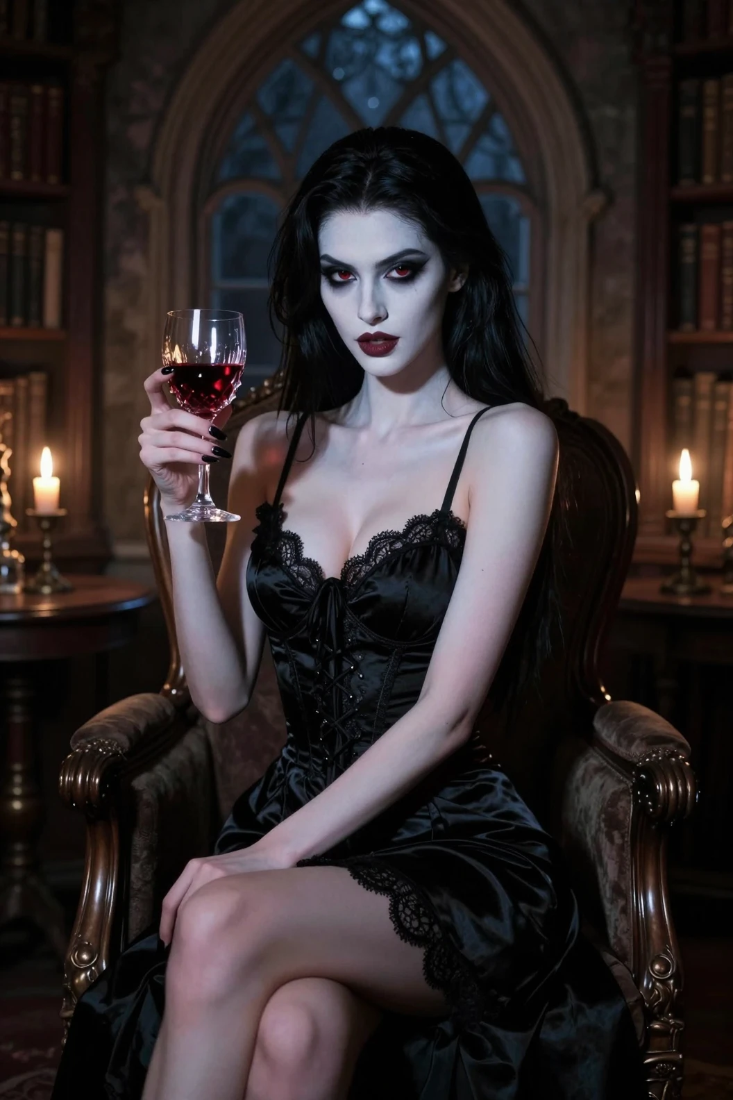 Mulher vampira em poltrona gótica com vinho tinto