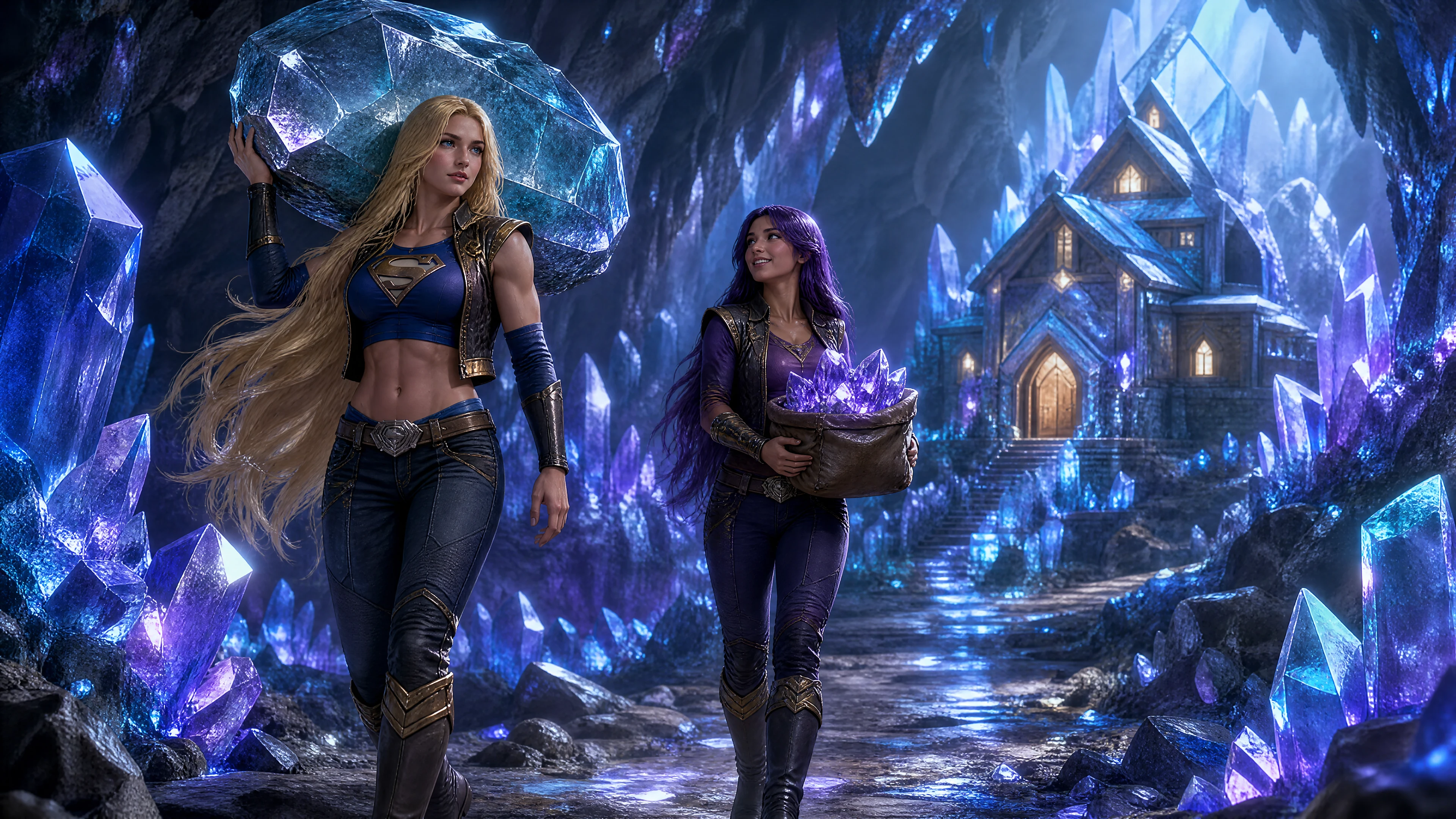 Duas guerreiras carregando cristais em uma vasta caverna