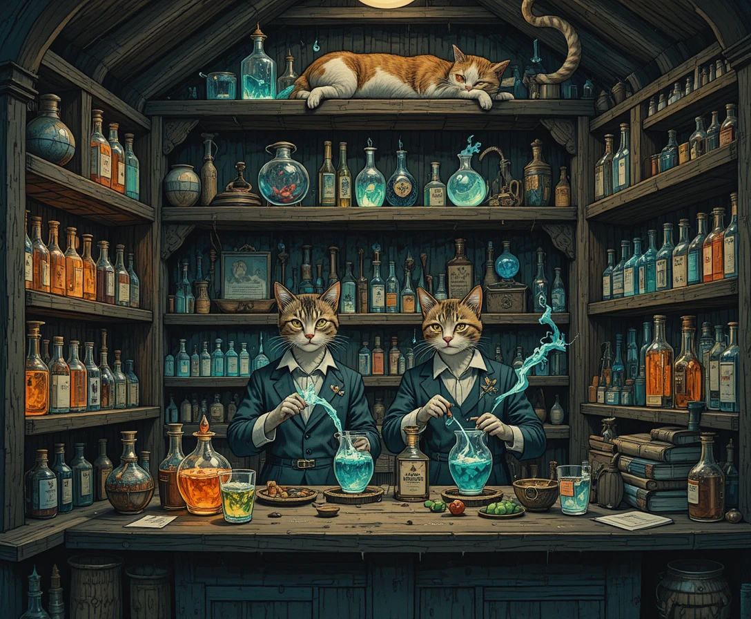 Gatos antropomórficos misturando poções em uma loja vintage