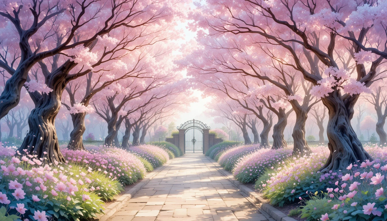 Jardin tunnel de cerisiers en fleurs à l’aquarelle à l’aube