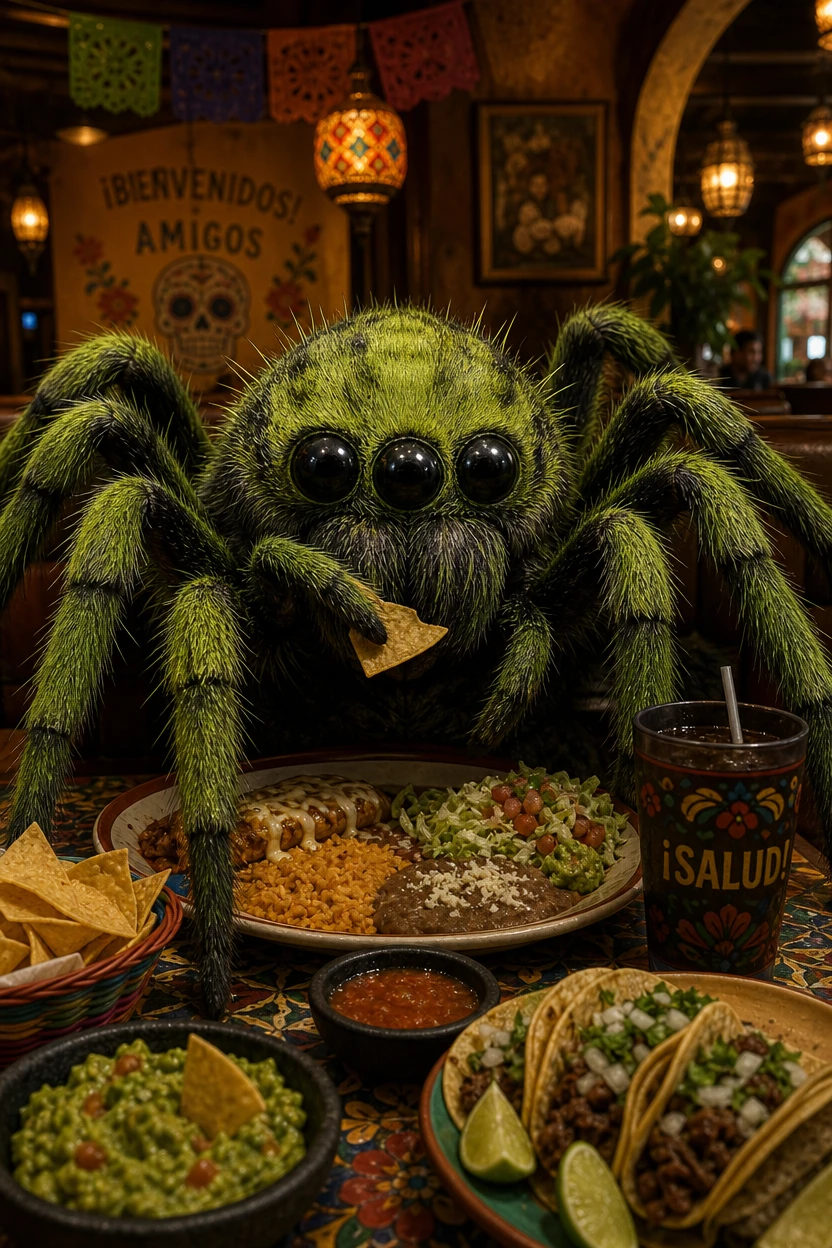 Ominous Green Spider Dining In A Mexican Restaurant