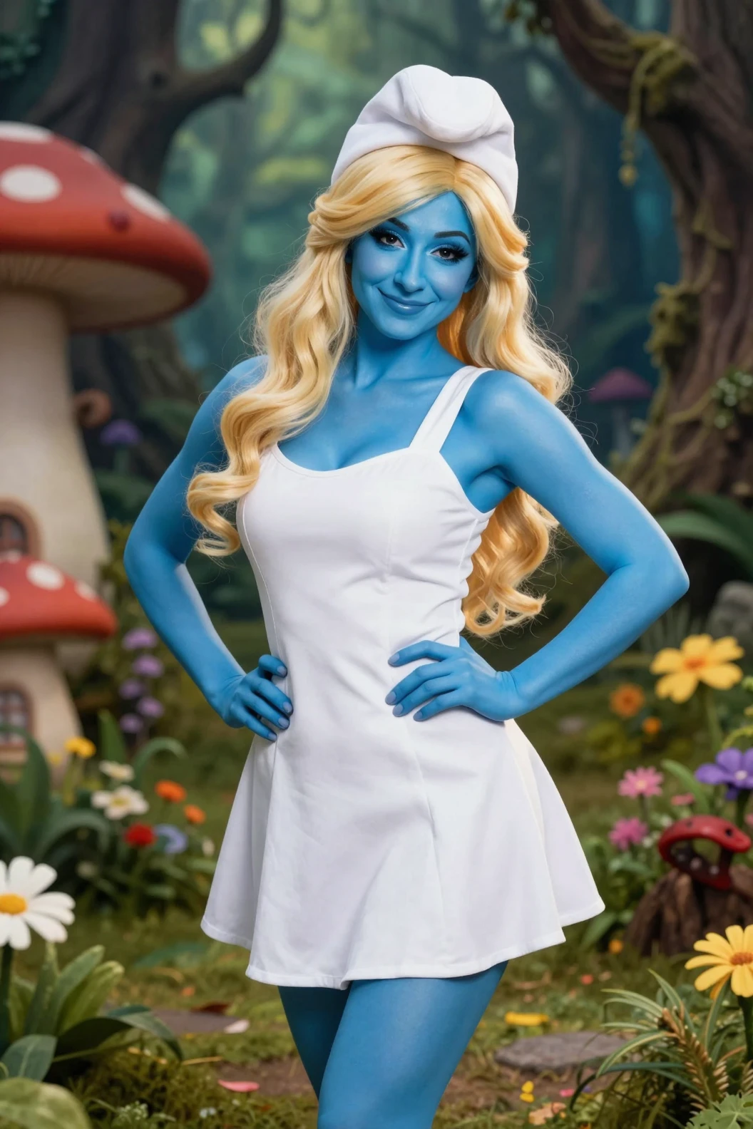 Garota loira de pele azul com vestido branco na floresta