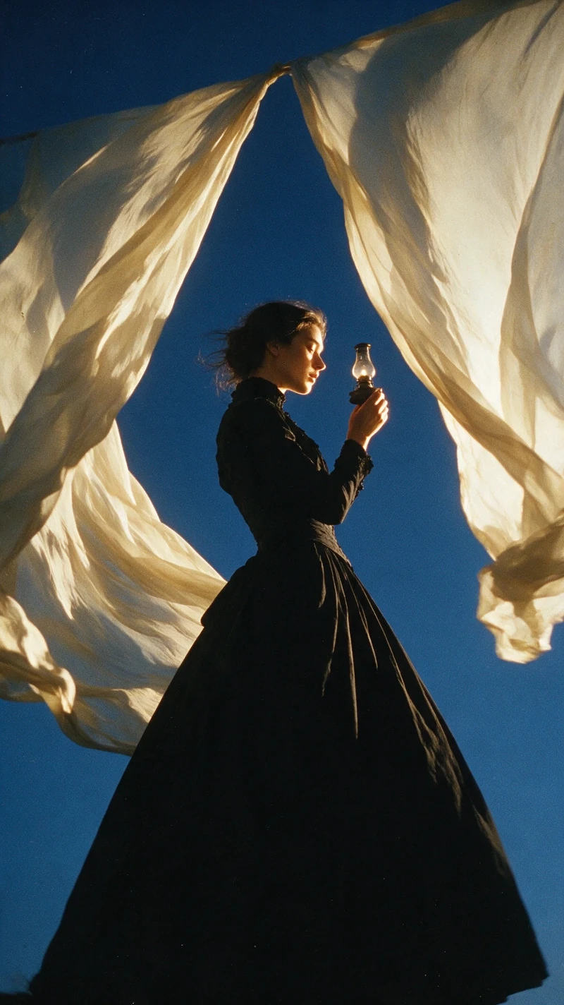Victorian woman holding a lantern beneath billowing curtains