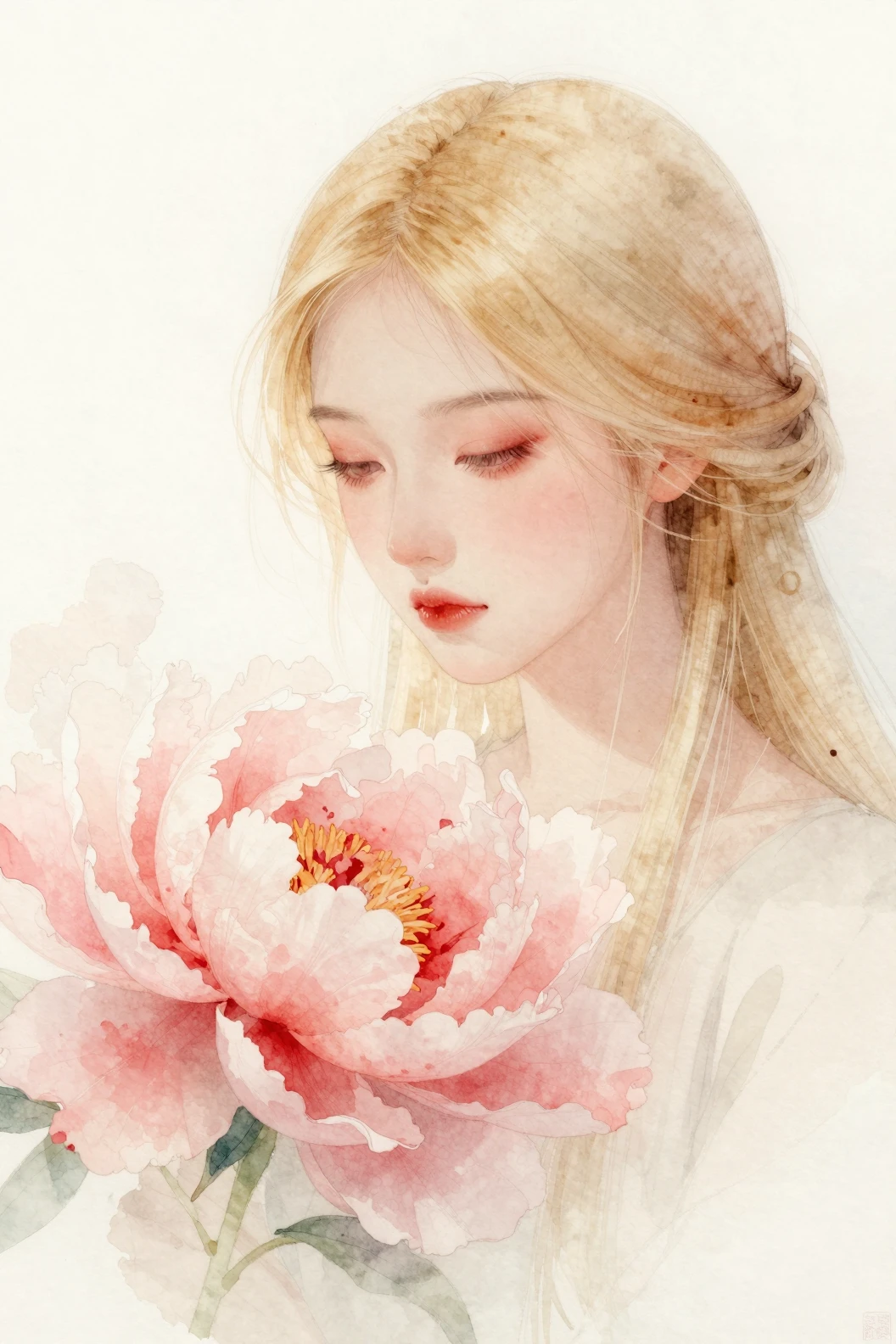 섬세한 작약 꽃잎과 융합된 신비로운 금발 드리아드의 에테리얼 초상