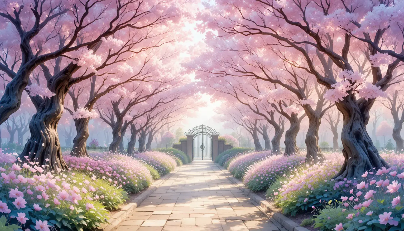 Jardin tunnel de cerisiers en fleurs à l’aquarelle à l’aube