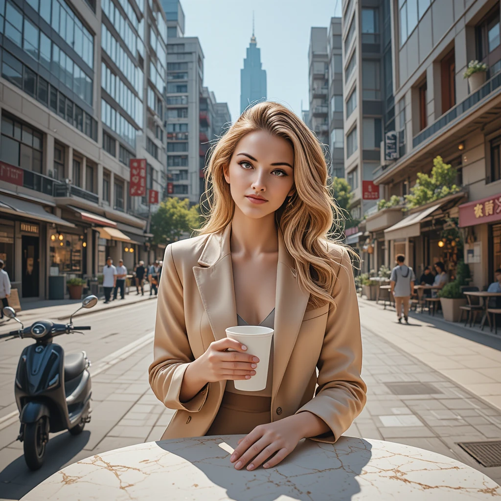 Mulher loira sorridente em mesa de café na rua de Taipei