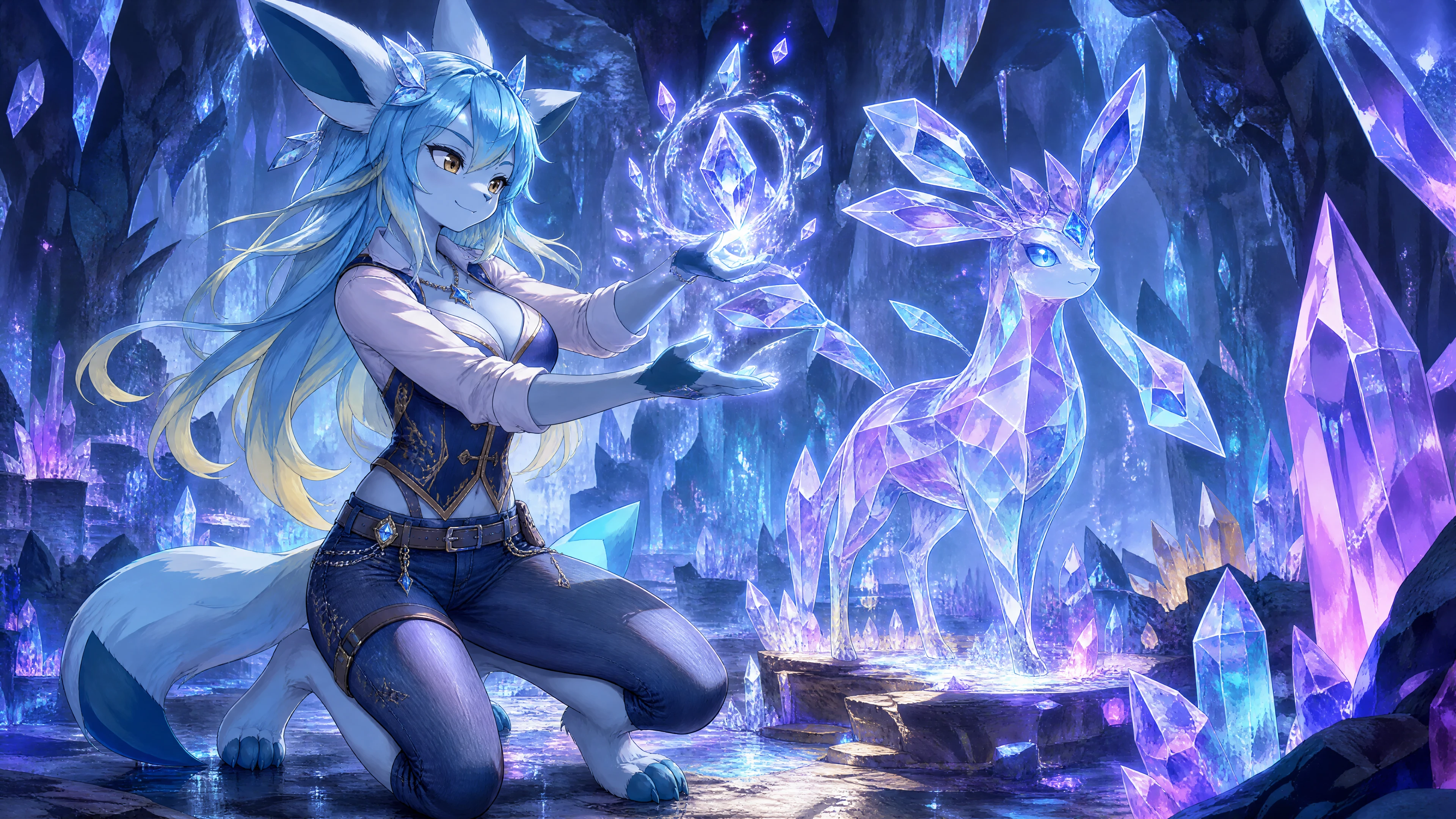 Mulher glaceon antropomórfica criando criatura de cristal em caverna