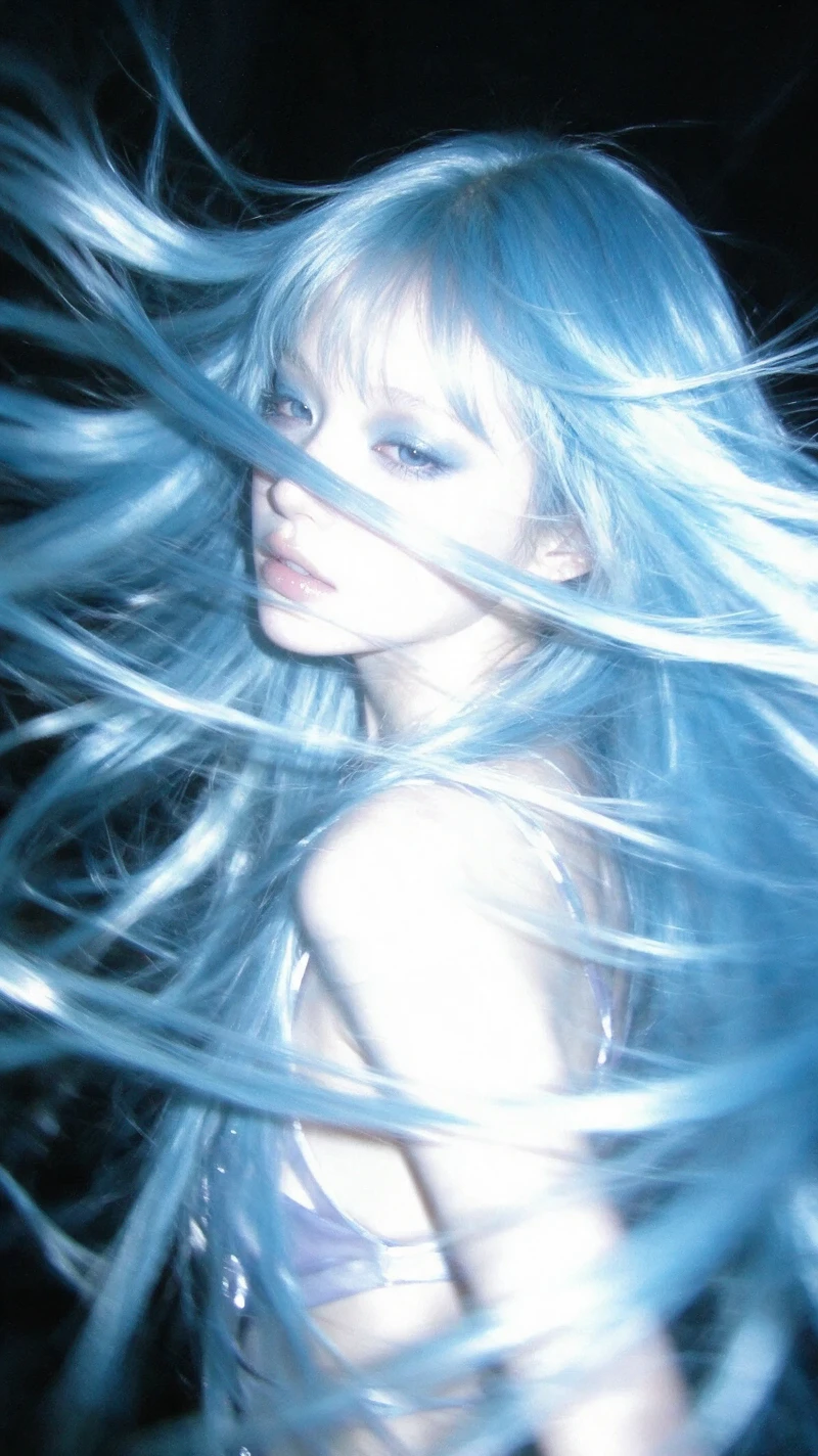 Boneca cibernética de cabelo azul gelado em retrato dinâmico com flash