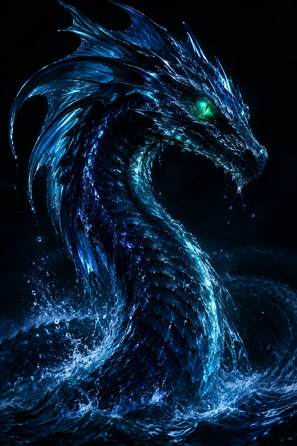 Glowing sea serpent emerging from a shadowy ocean