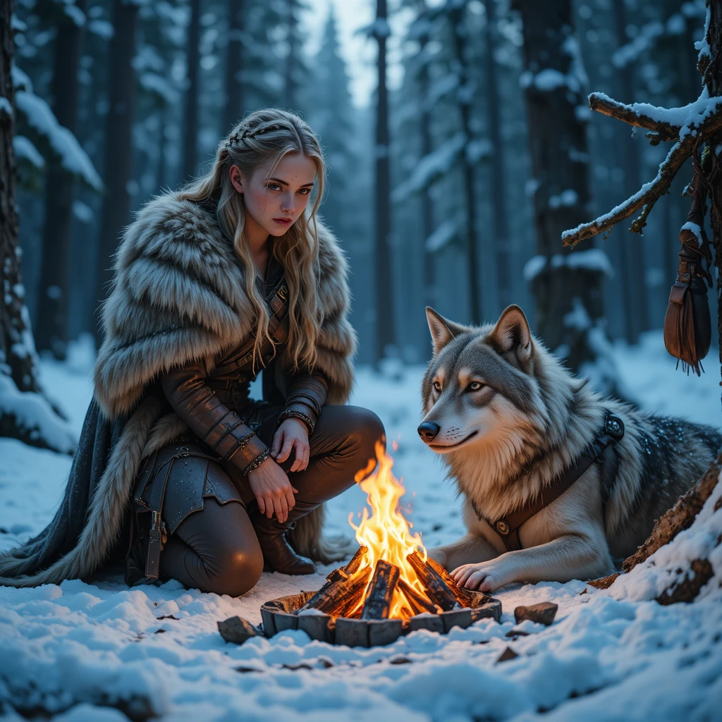 Guerrera rubia junto a una fogata en un bosque nevado