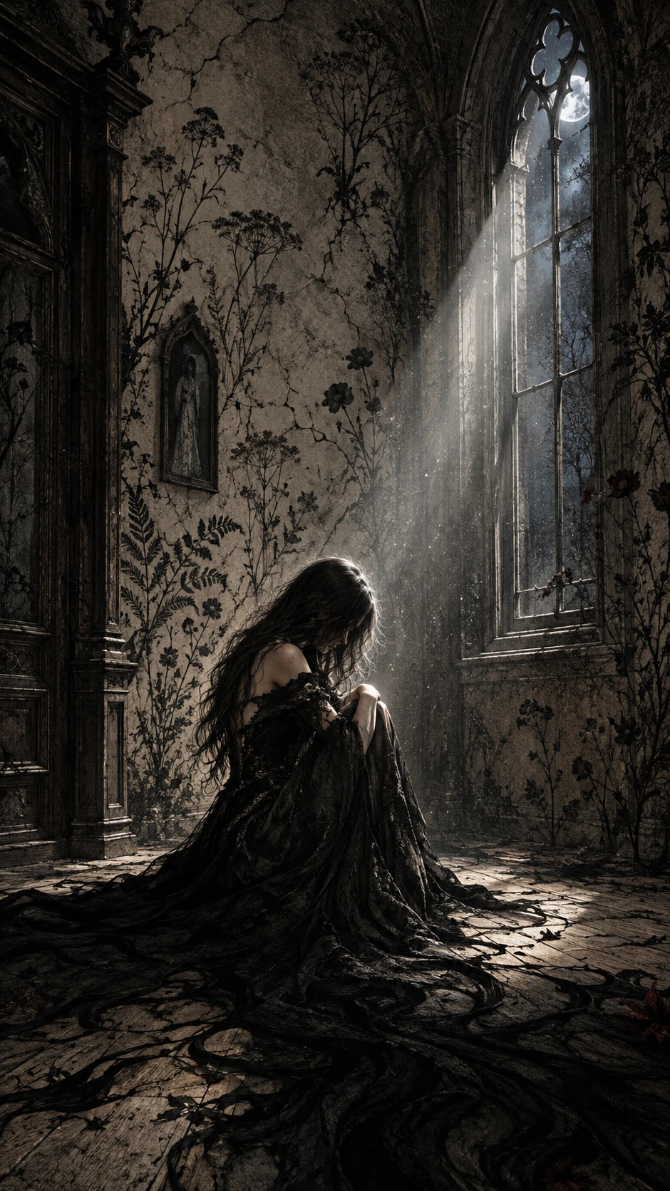 Woman in black dress in moonlit abandoned gothic room