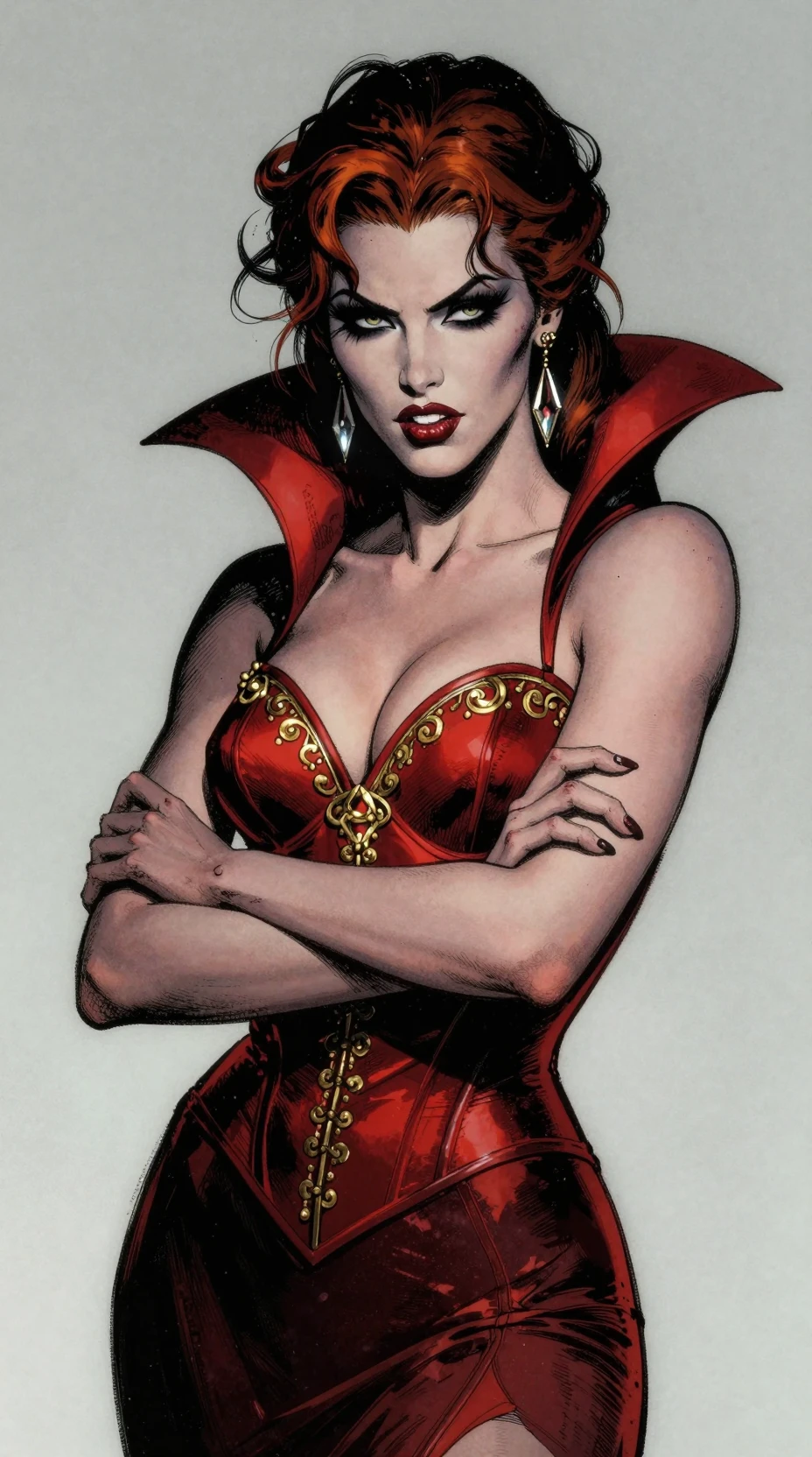 Vampira ruiva confiante em espartilho escarlate – retrato