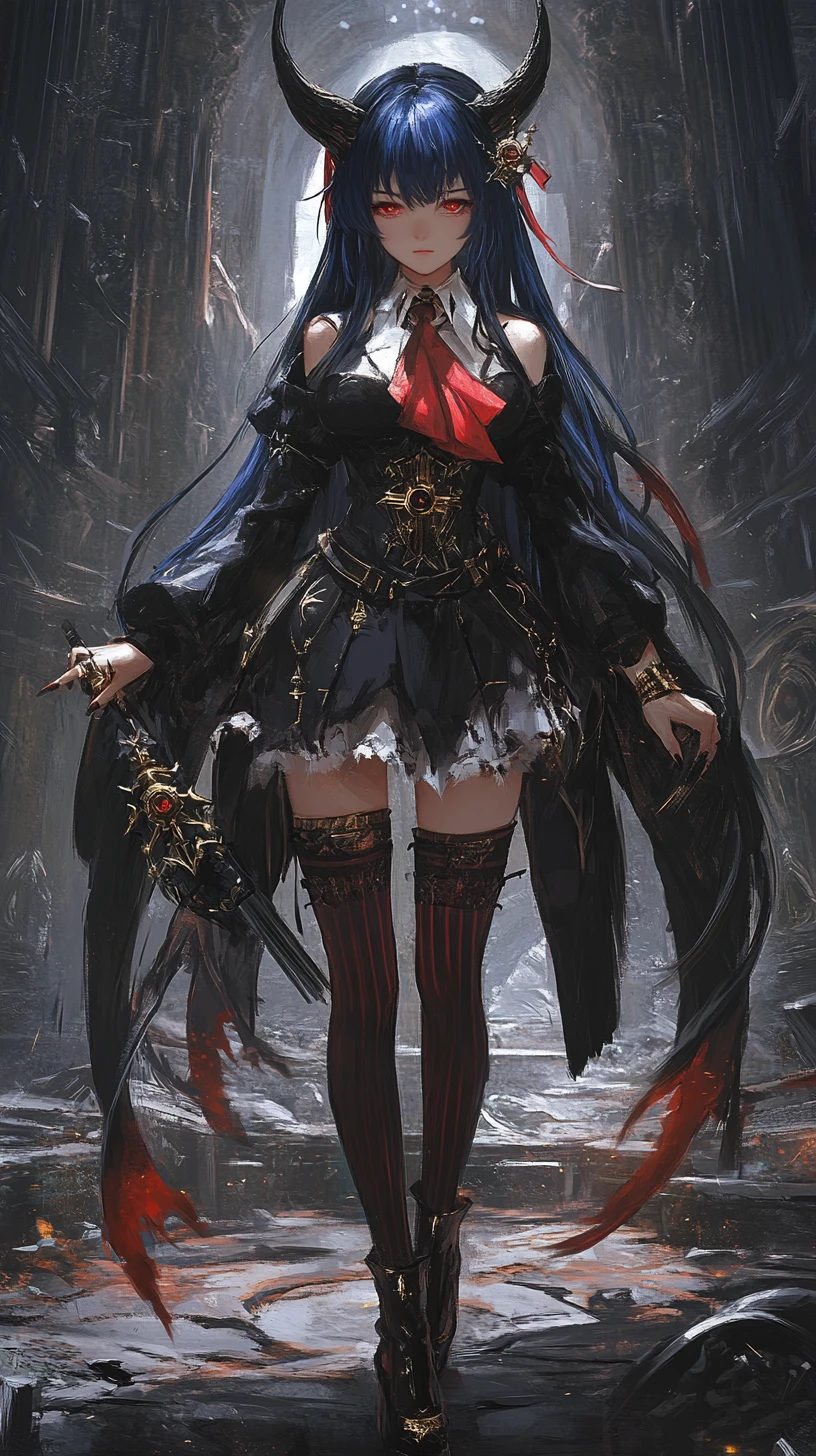 Dark haired horned girl wielding a cursed rune sword