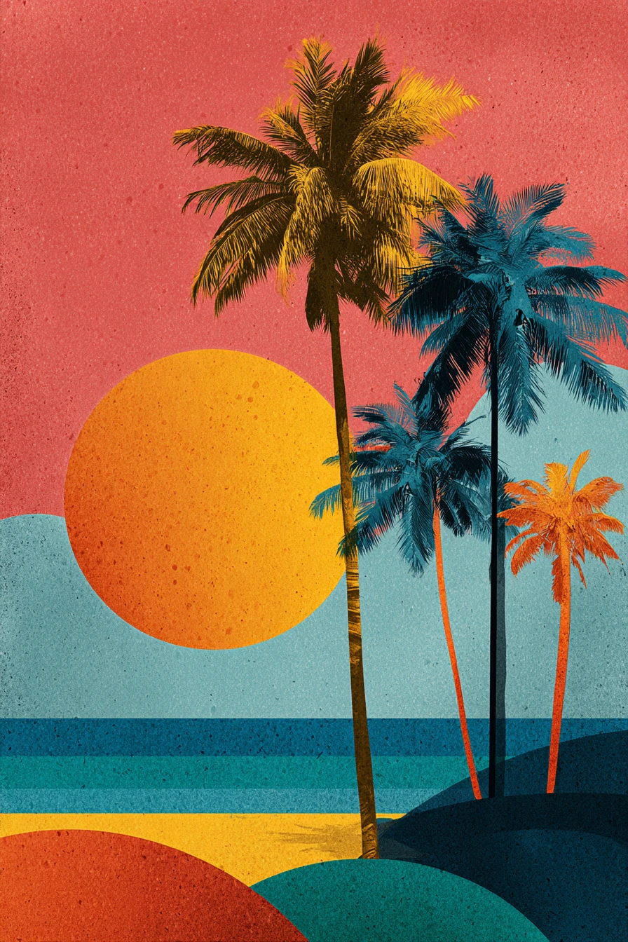 Scène de plage tropicale joyeuse aux couleurs vives et décalées