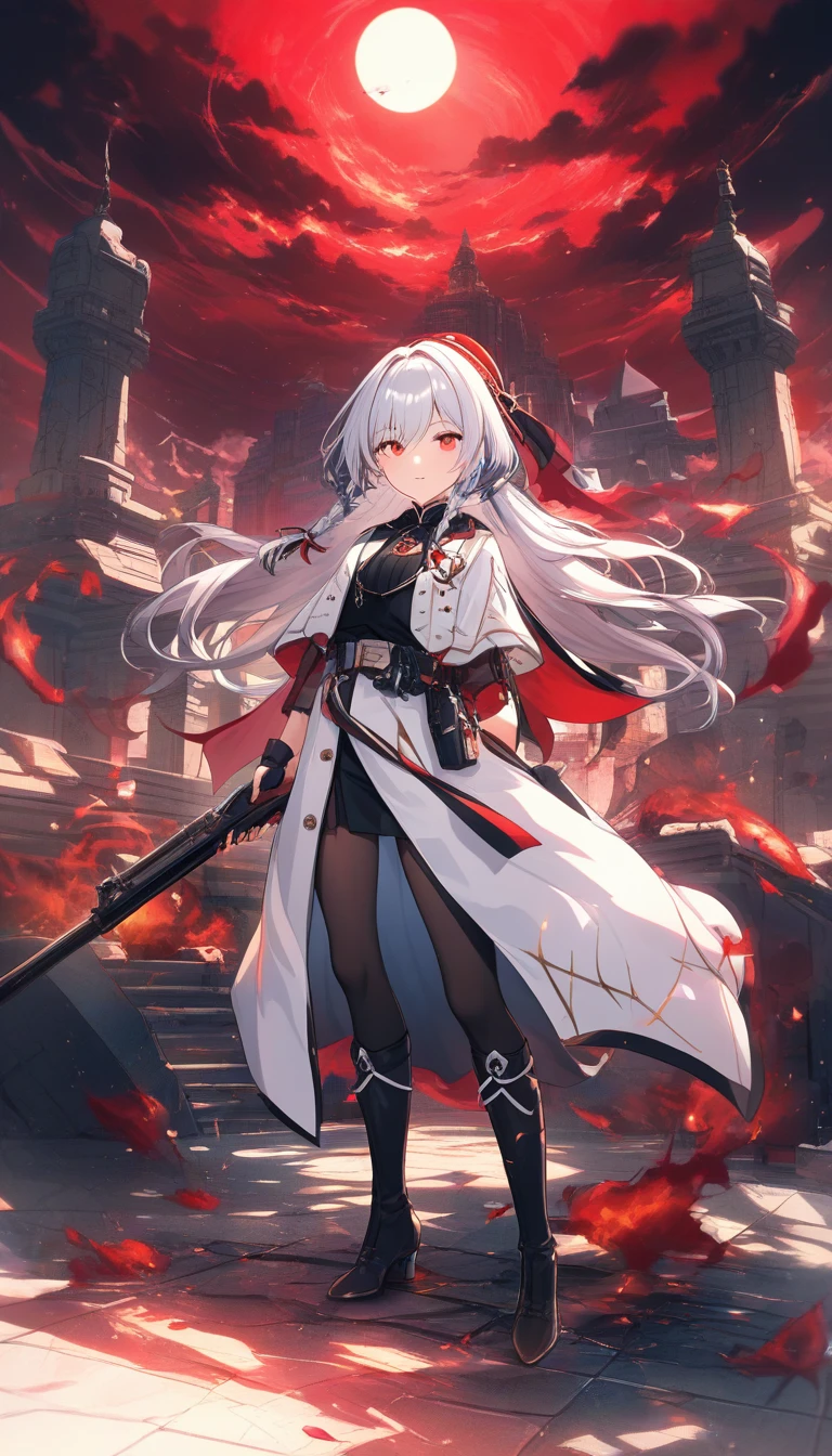 Garota de anime caminhando em direção a um colossal templo de círculo de pedra