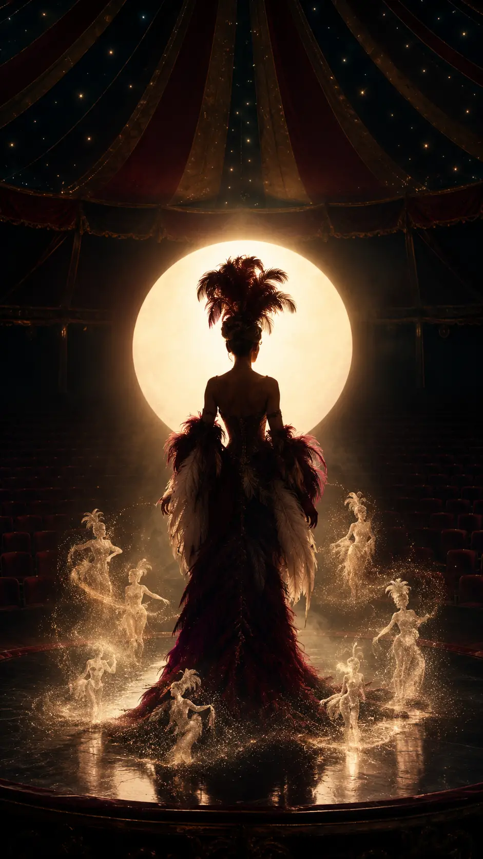 Solitary performer under a vast spotlight in empty circus