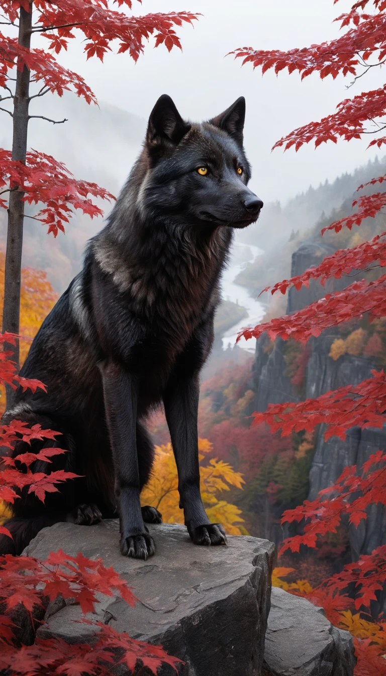 Lobo negro em penhasco rochoso ao crepúsculo enevoado de bordos vermelhos