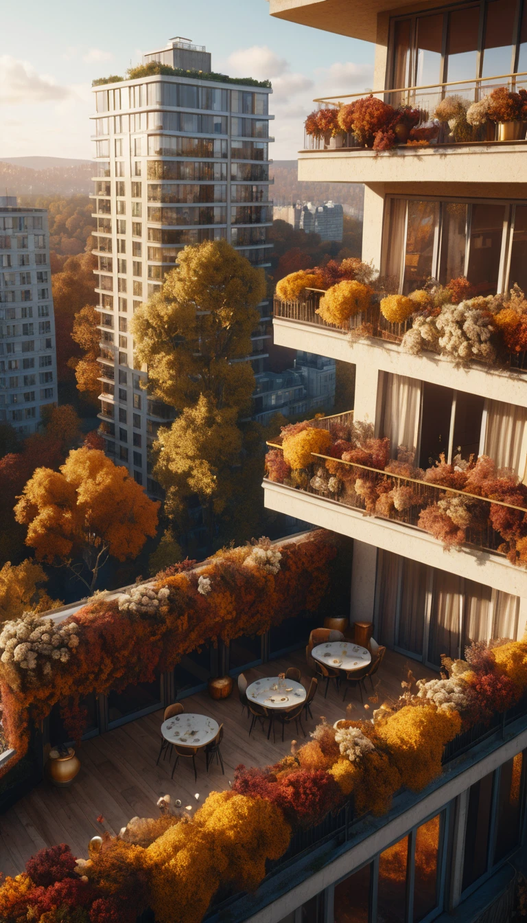 Luftaufnahme eines Retro-Balkons über einem goldenen Herbstwald