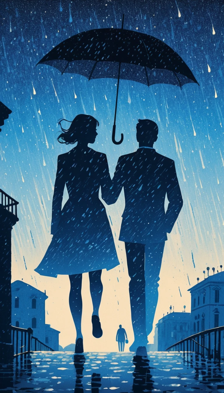Casal voando sob um guarda-chuva acima de uma cidade desfocada