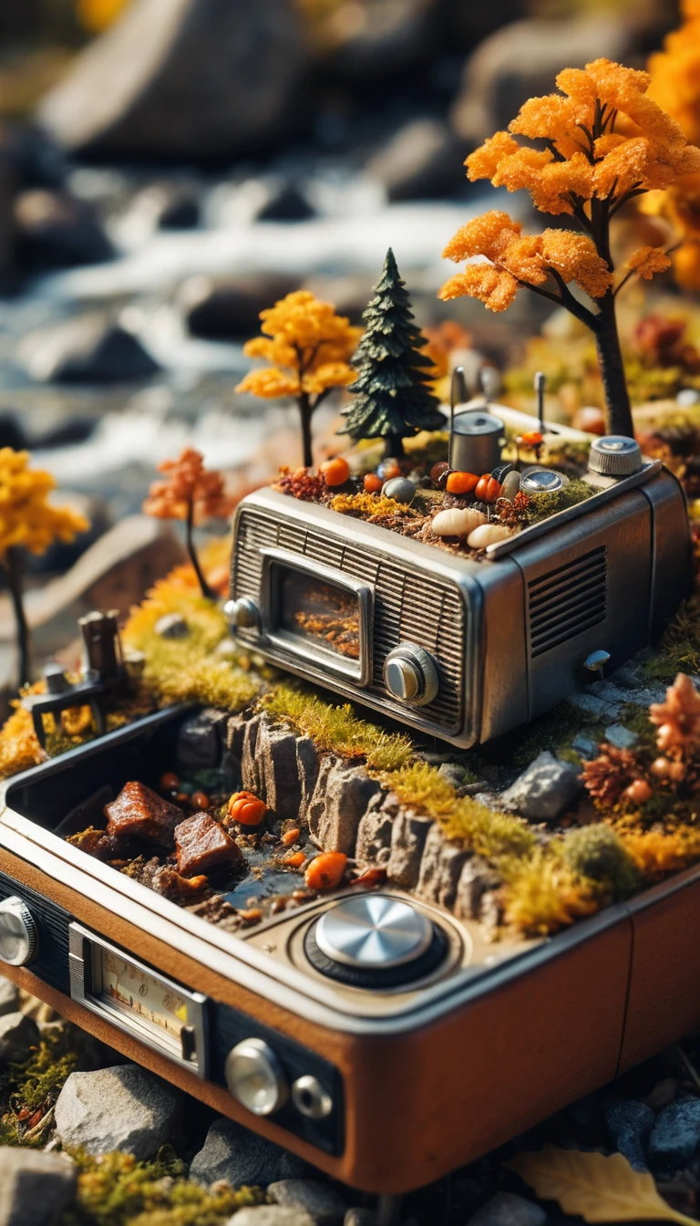 Vista macro laterale di un mondo in miniatura all'interno di una radio