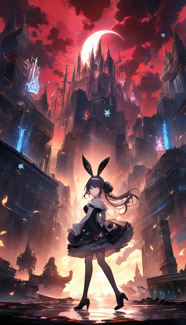 Fille d’anime visant avec un fusil dans une zone de guerre en ruines