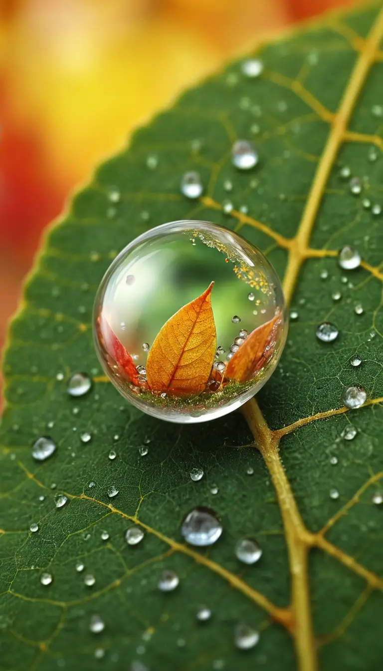 Micromondo autunnale dentro di una goccia di rugiada lucente su una foglia
