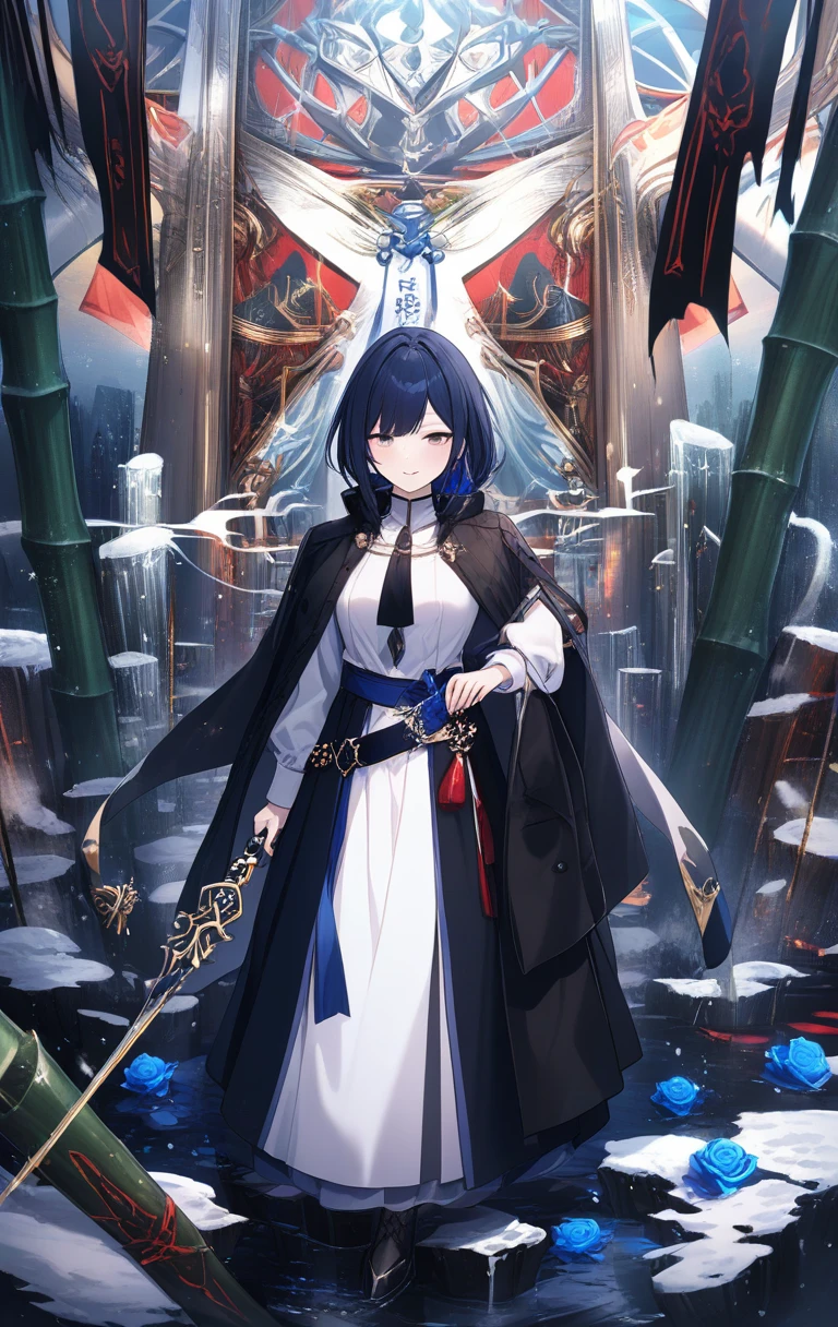Garota de cabelo azul em uniforme ornamentado segurando uma espada decorada