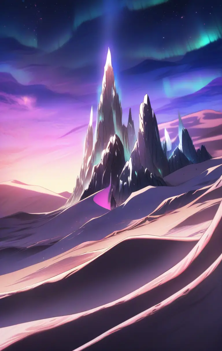 Purple desert with white columns and distant silver mountains