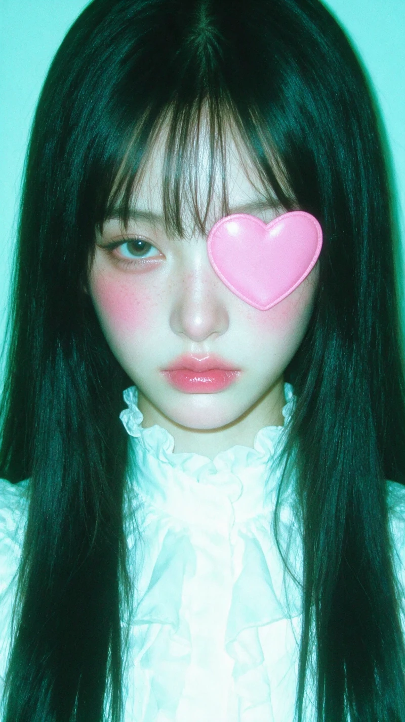 Retrato cyber kawaii en primer plano con parche rosa de corazón