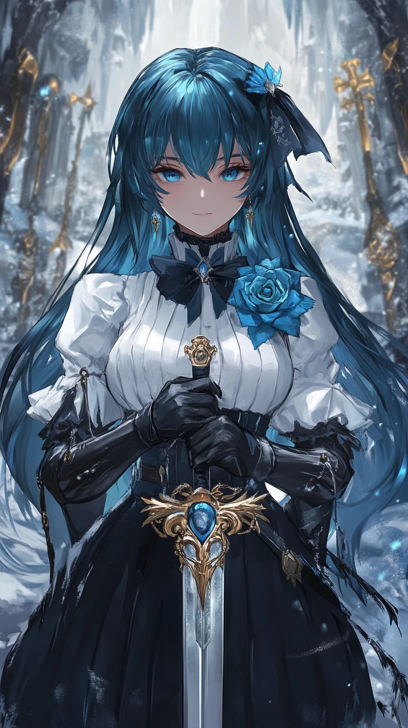 Fille d’anime avec épée ornée dans une grotte de glace gelée