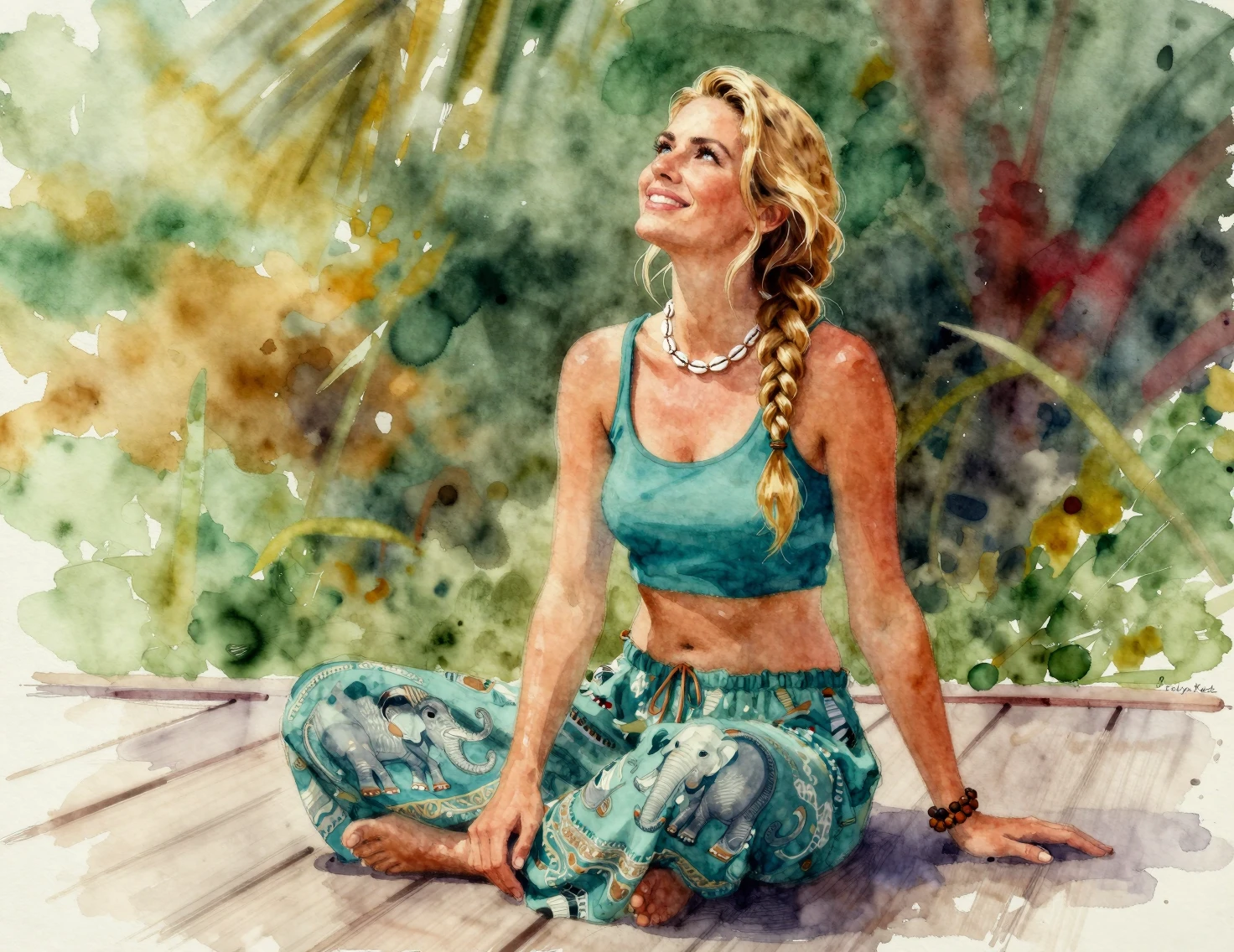 Mulher sorridente em look boho em passarela abstrata