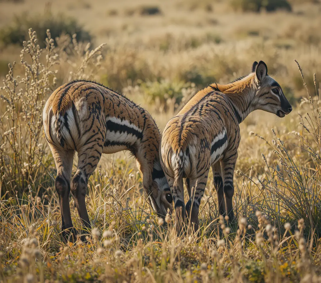 Zwei Zebras grasen dicht beieinander in einer trockenen Savannenwiese