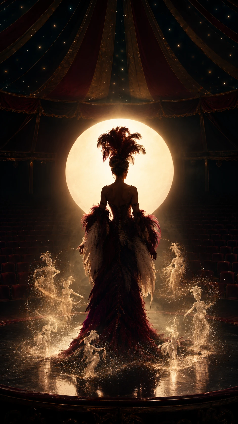 Artista solitária sob um grande holofote em circo vazio