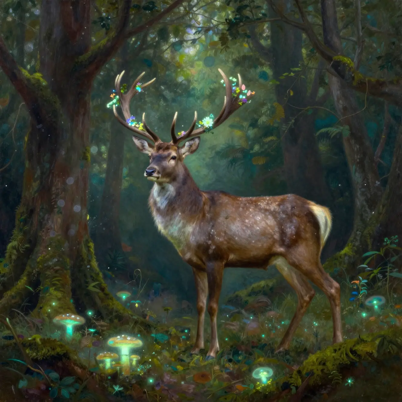 Cerf majestueux au bord d’une ancienne forêt lumineuse