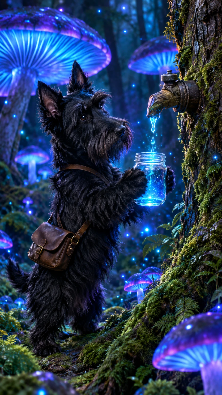 Terrier antropomórfico coleta líquido brilhante em floresta encantada