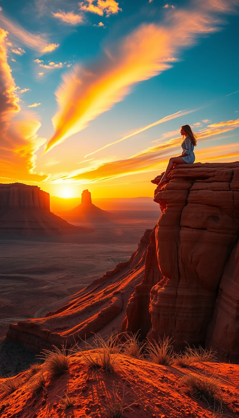 Girl sitting on red canyon cliff at sunset rainbow