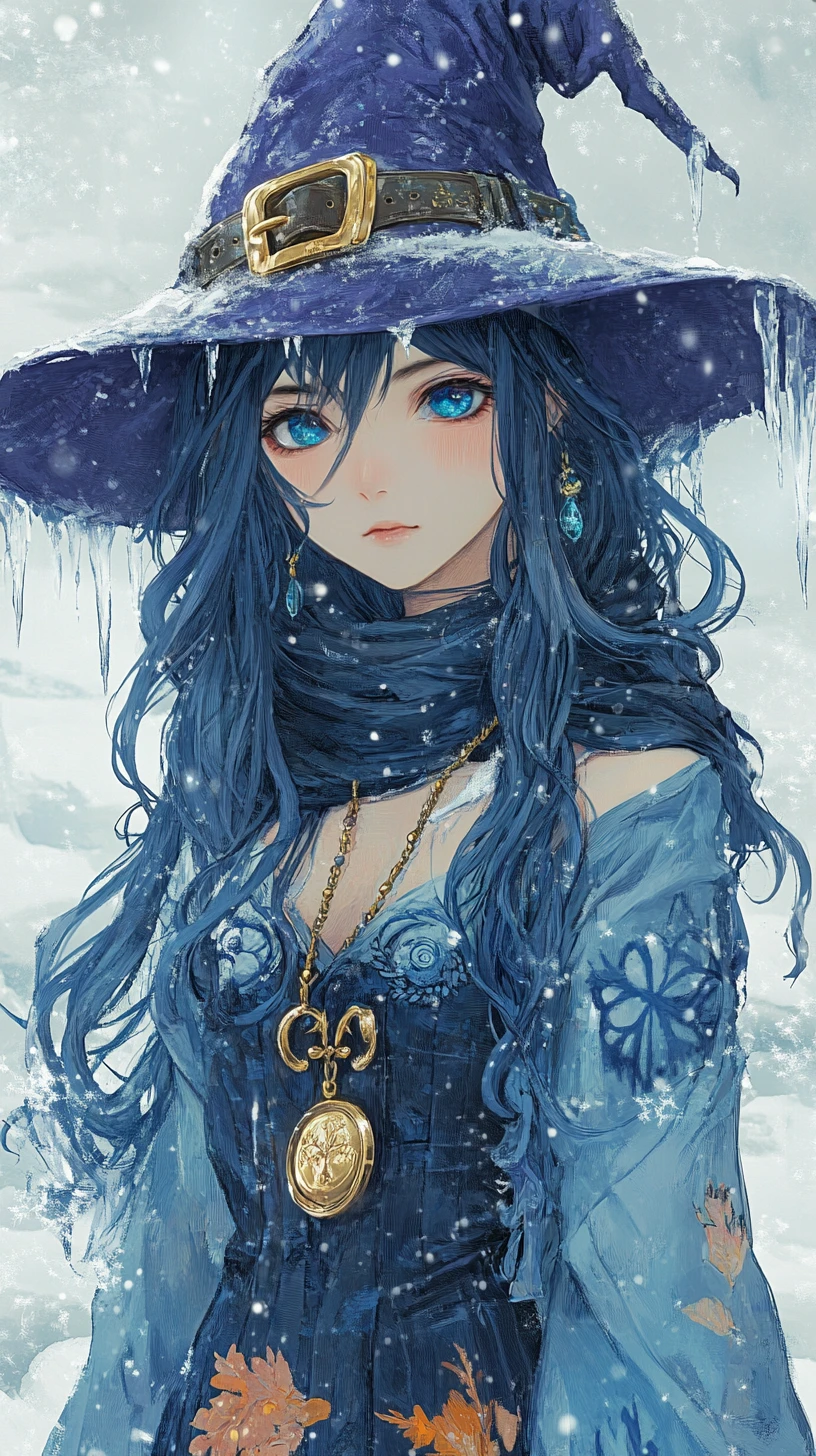結冰湖畔戴著雪白女巫帽的動漫少女