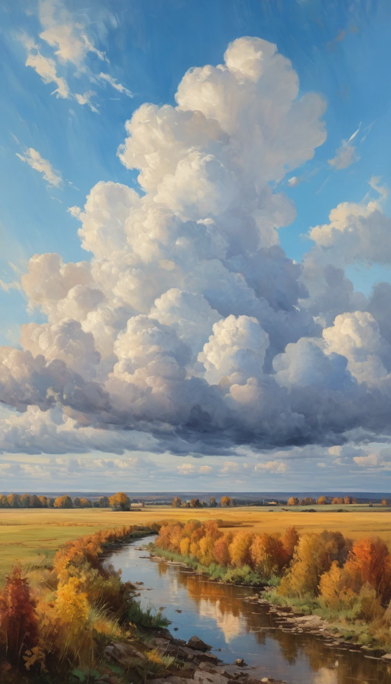 Serenas nuvens de cúmulus de outono brilhando sobre o horizonte distante