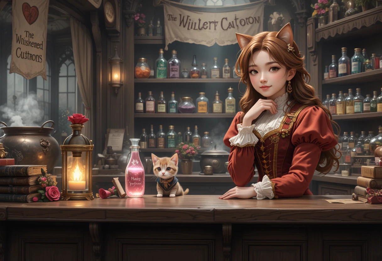 Anime potion shop scene with girl and cat shopkeeper