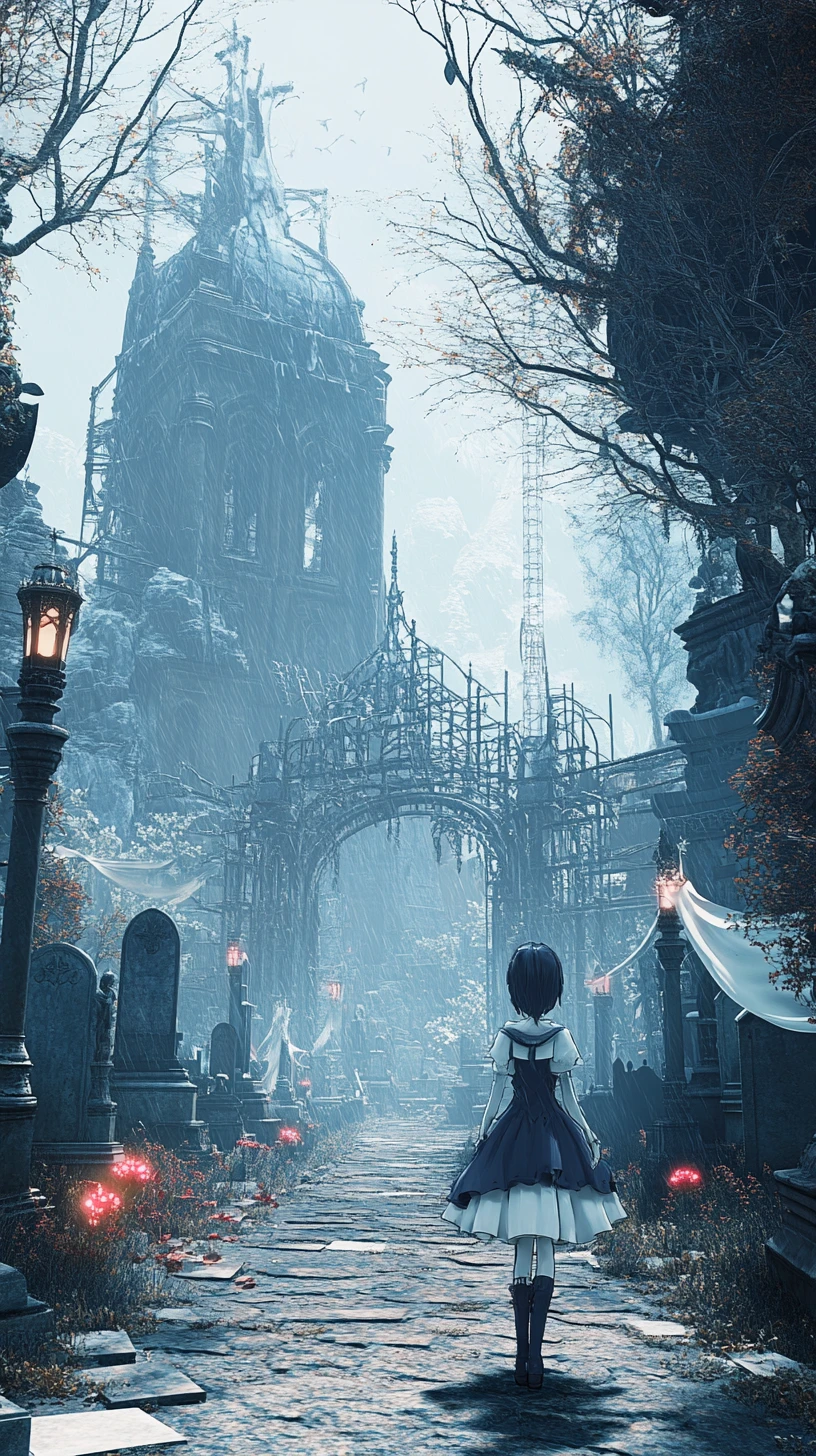 Anime-Mädchen mit mechanischen Augen in aufwendigem Gothic-Outfit