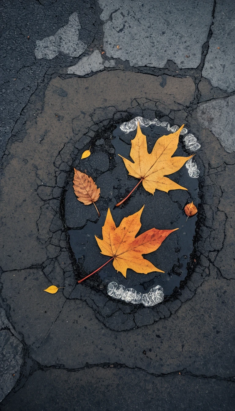 Autumn leaves forming a tiny boat in a sunlit puddle