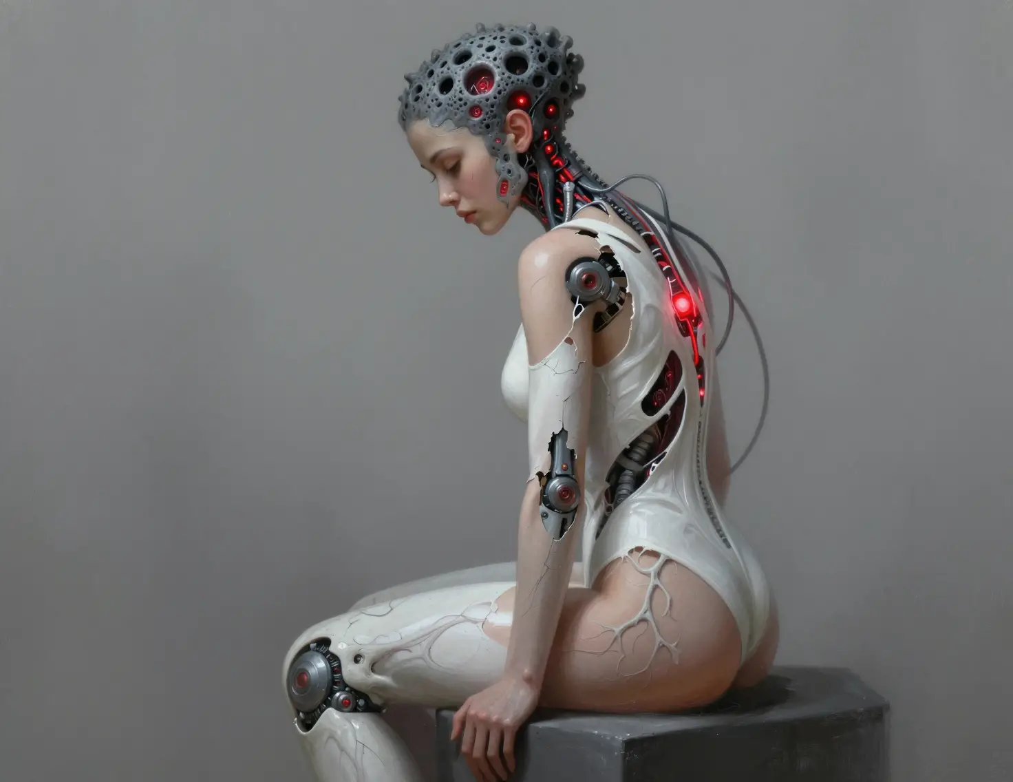 側身靜坐於沉思中的賽博女性