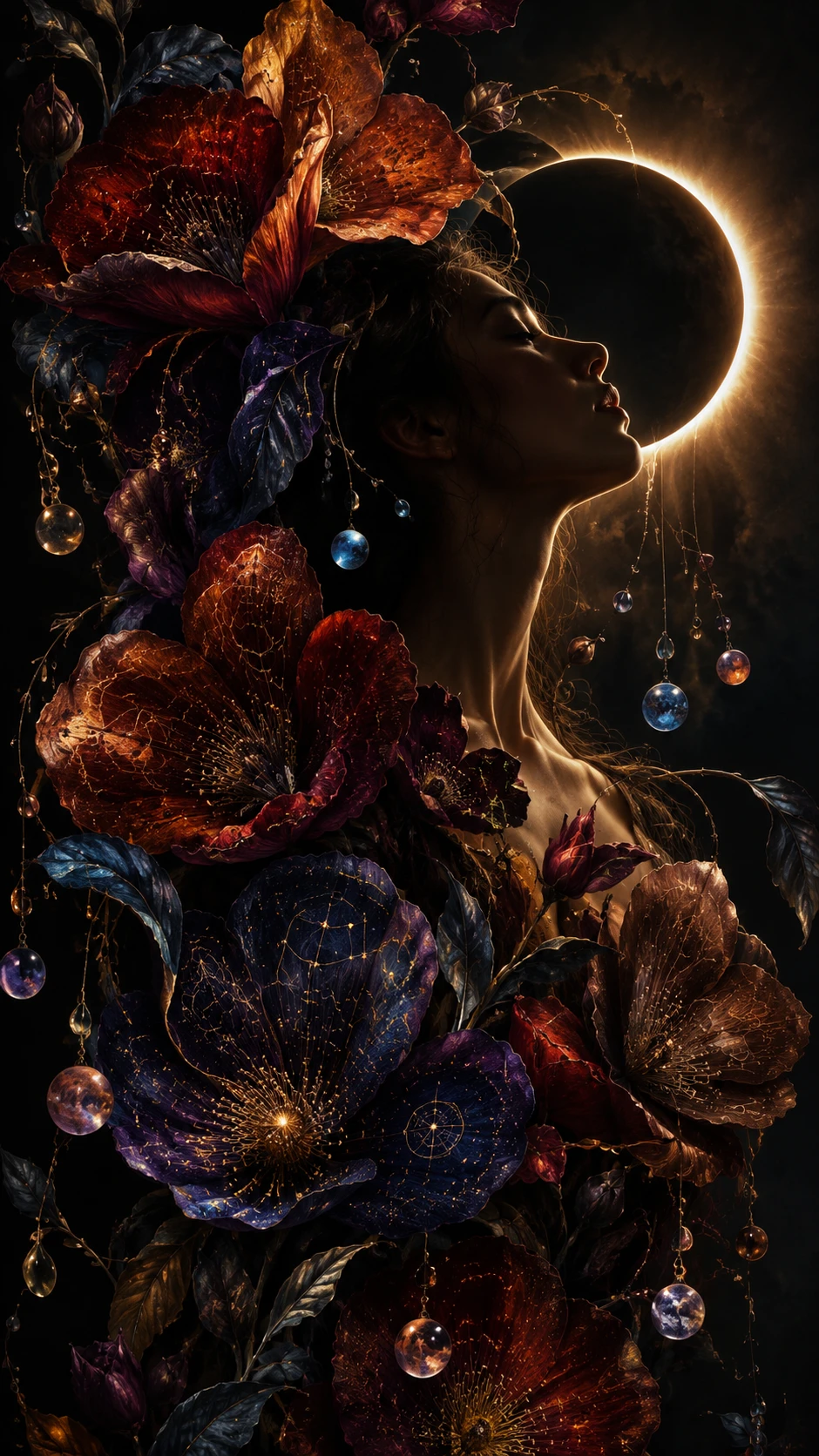 Retrato surreal de uma mulher sob um eclipse solar radiante