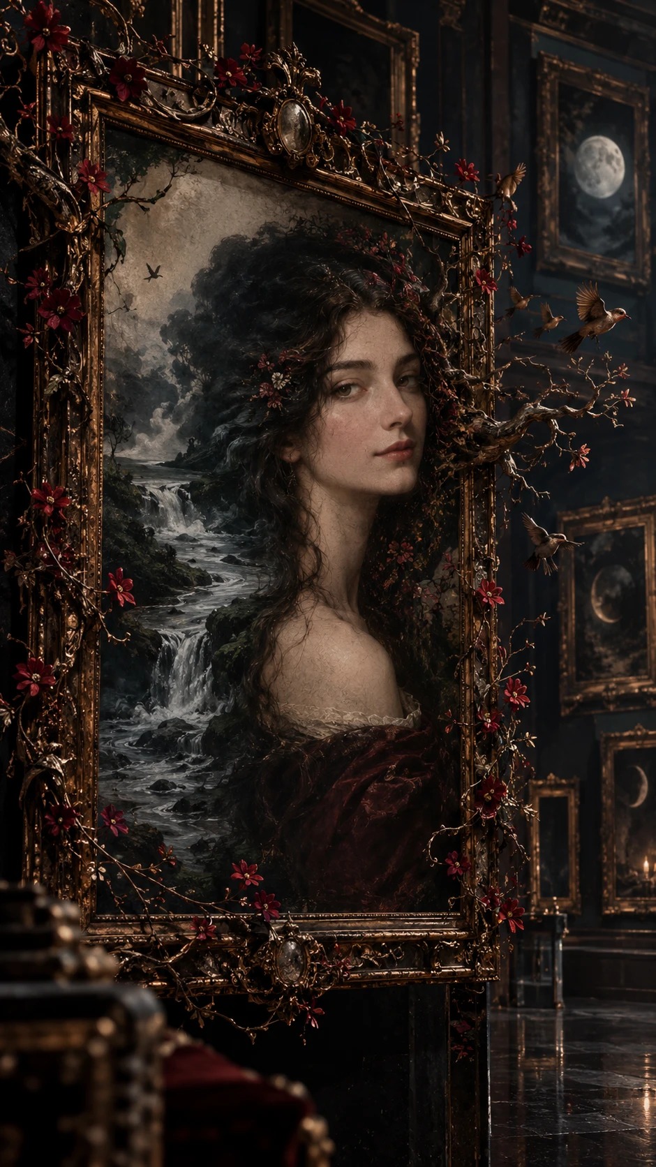 Retrato surreal de uma mulher misteriosa em uma moldura ornamentada
